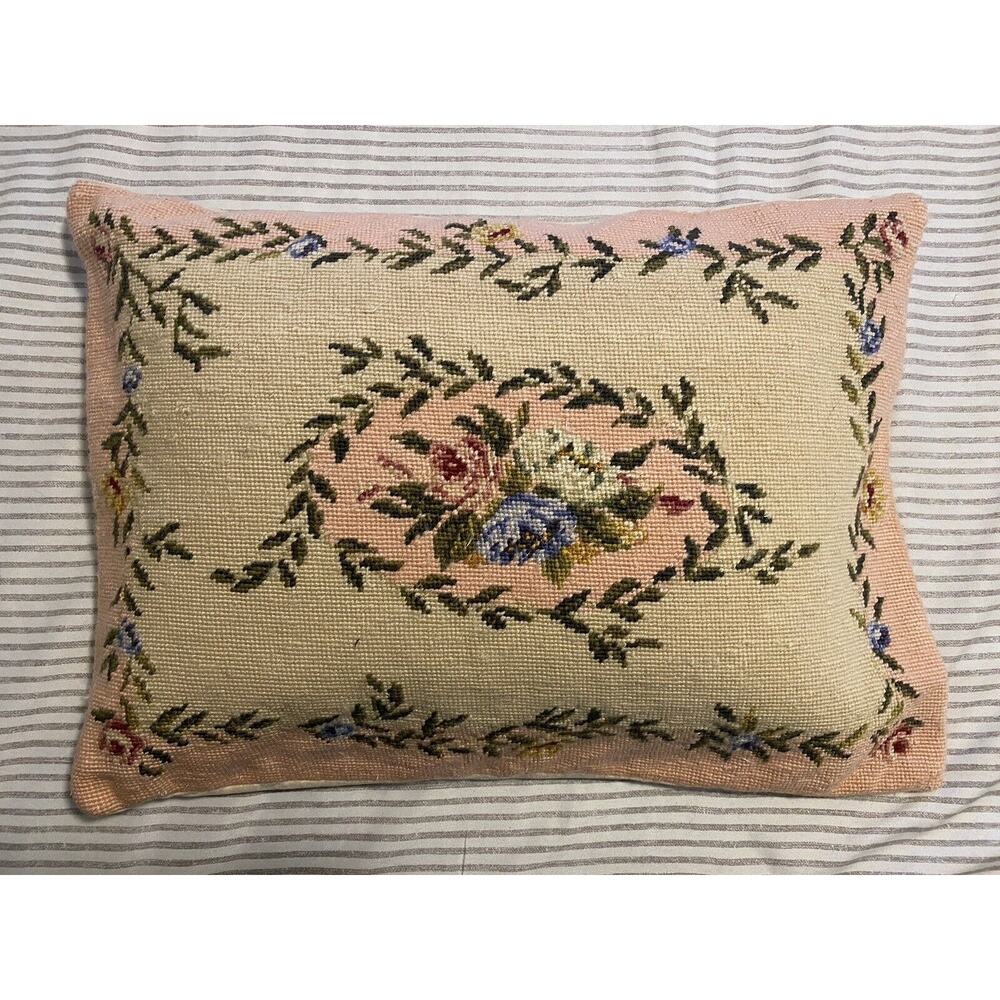 French Country Pink Roses Needlepoint Pillow W/Down Feather Insert 20” X 14.5”